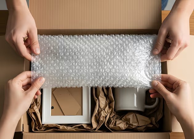 Hender pakker inn en ting i bobleplast